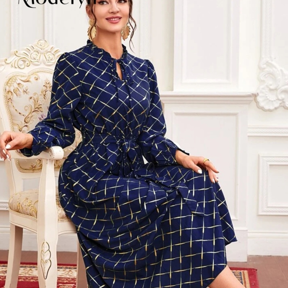 SHEIN Navy Blue Tie Neck Belted Dress